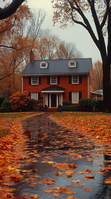 秋雨中的家秋雨树叶庭院1