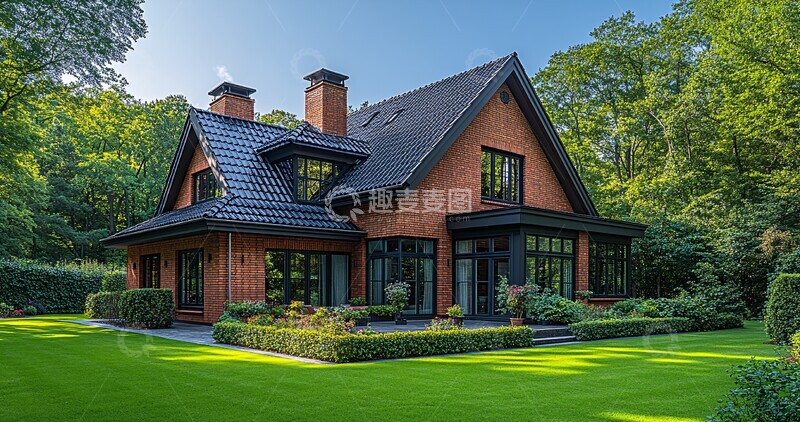 高清大图下载【趣麦麦图】红白砖房前庭花园1