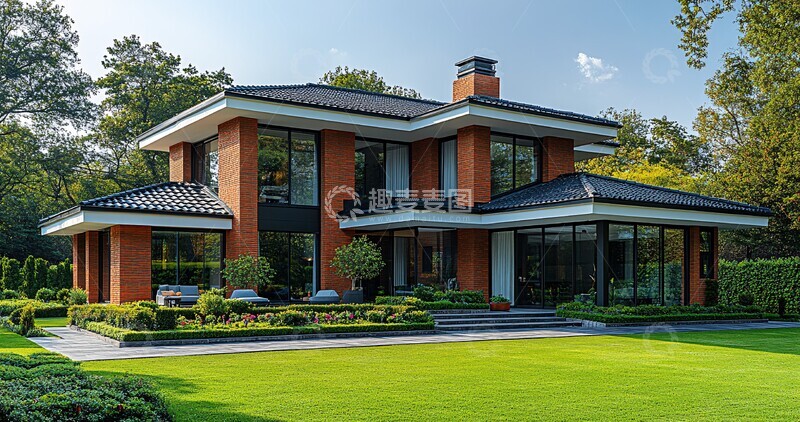 高清大图下载【趣麦麦图】红白砖房前庭花园2