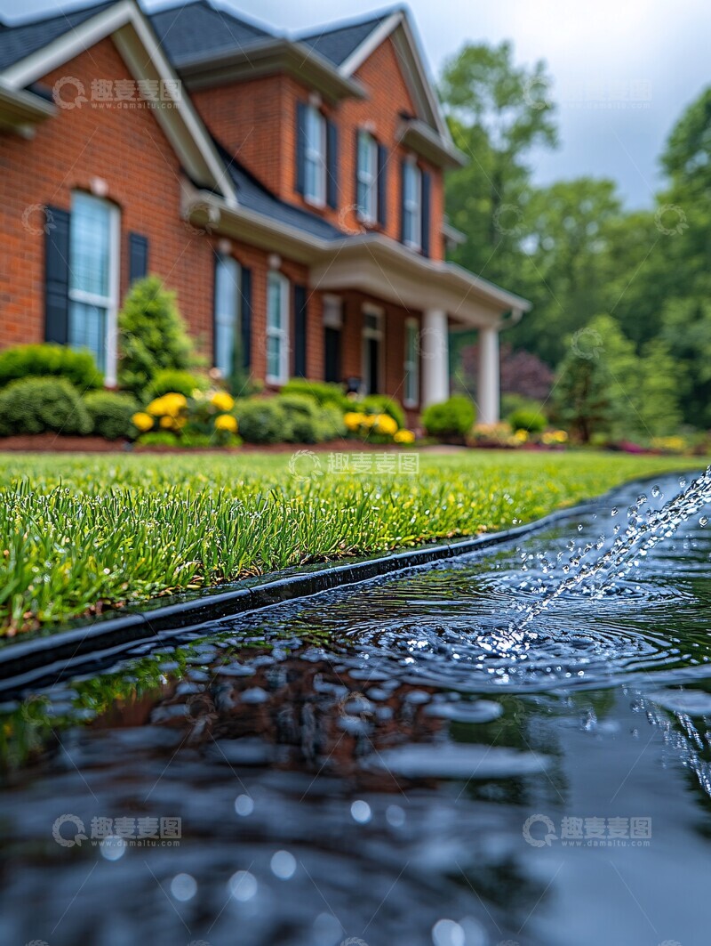 高清大图下载【趣麦麦图】-红砖房前洒水场景
