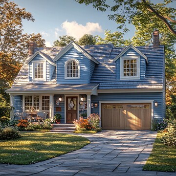 蓝墙白边双层房