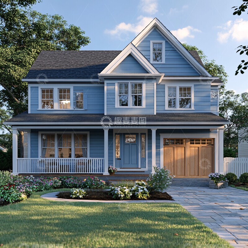 高清大图下载【趣麦麦图】蓝墙白边双层房2