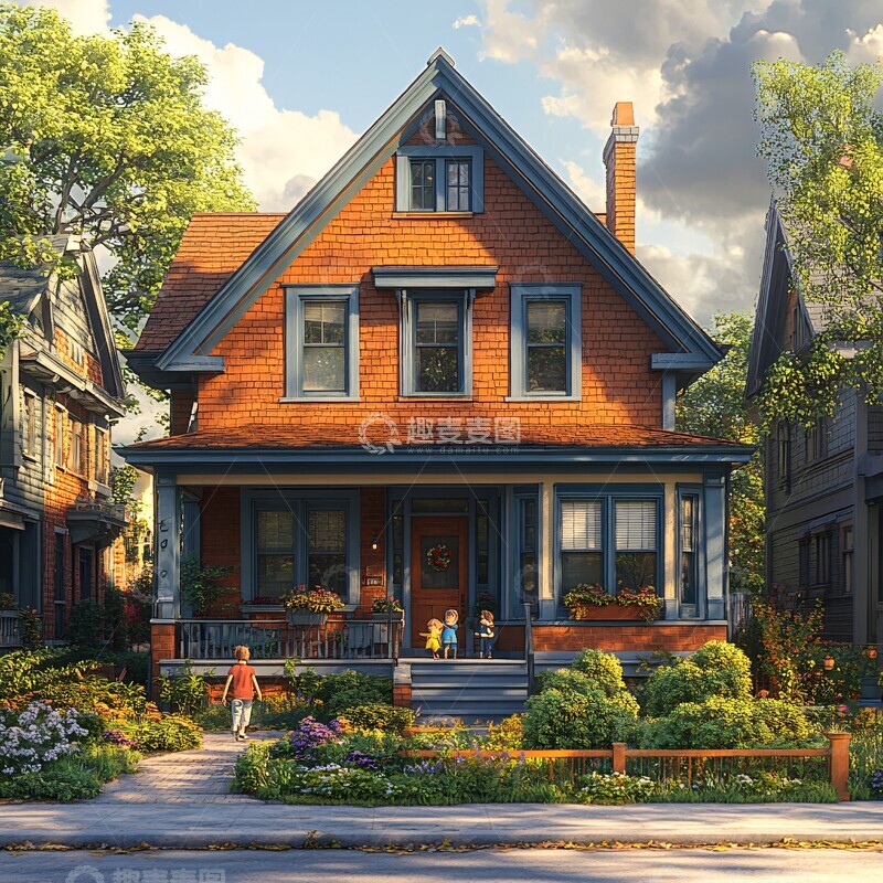 高清大图下载【趣麦麦图】三口之家门前2