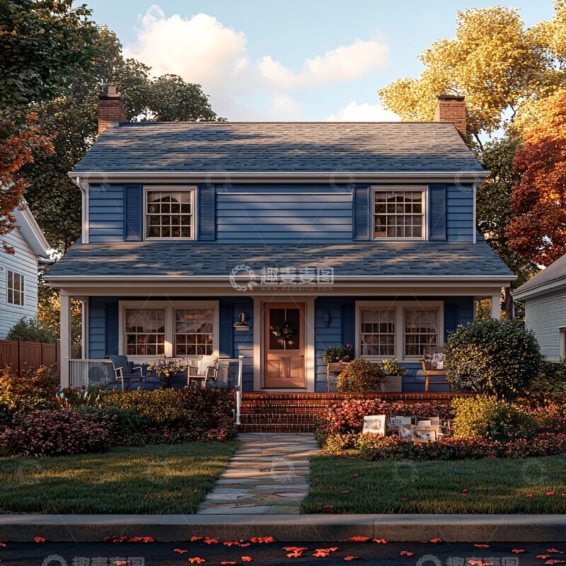 高清大图下载【趣麦麦图】蓝墙白边双层房1