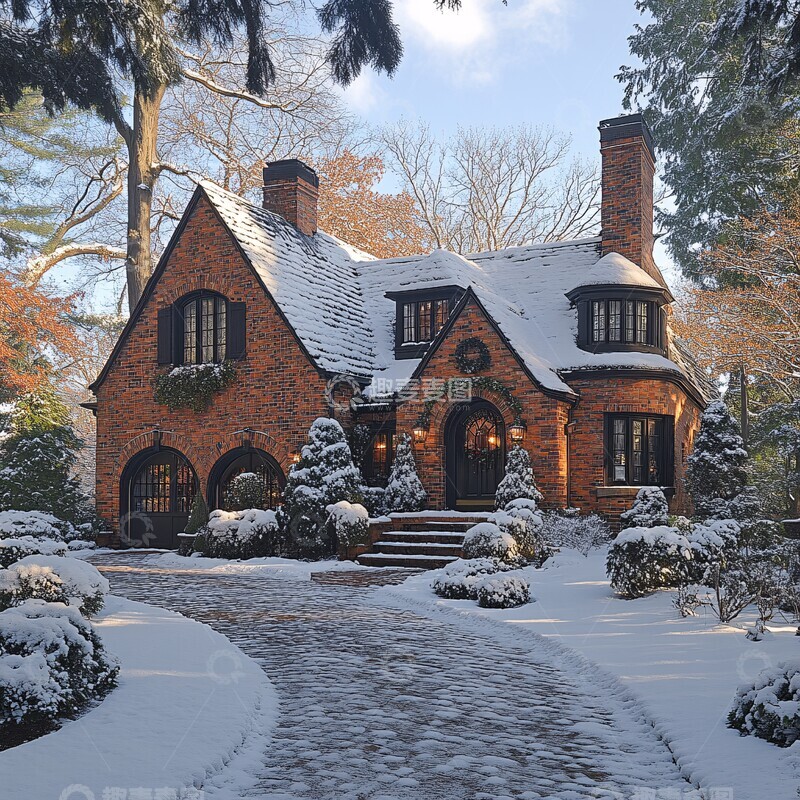 雪中砖房阳光照片周围