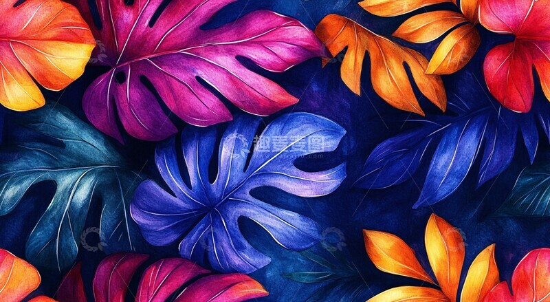 高清大图下载【趣麦麦图】热带花叶水彩图案3
