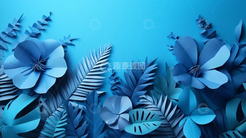 高清大图下载【趣麦麦图】蓝色折纸热带叶1