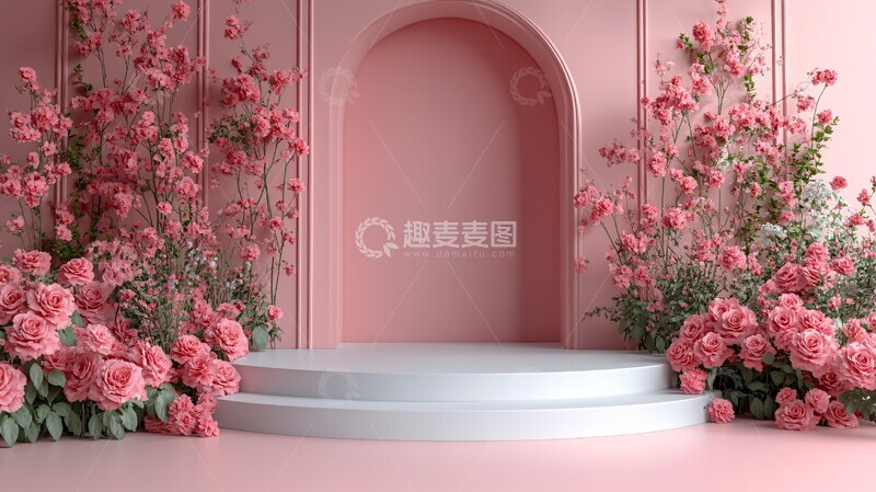 高清大图下载【趣麦麦图】粉色玫瑰背景白色讲台