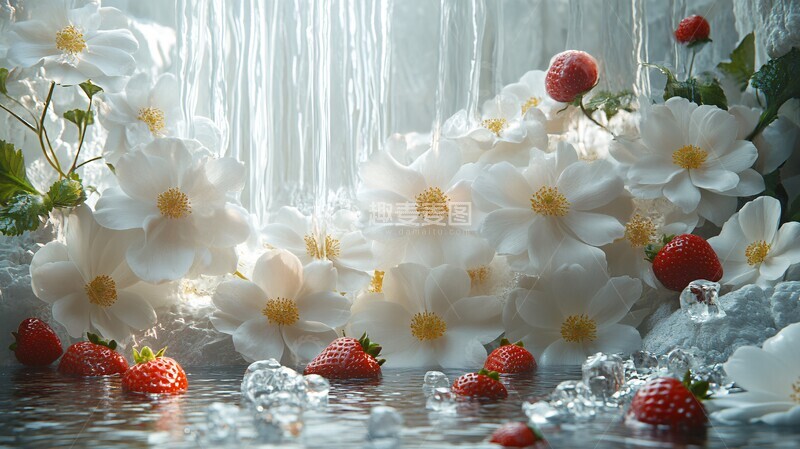 高清大图下载【趣麦麦图】白花草莓冰块墙