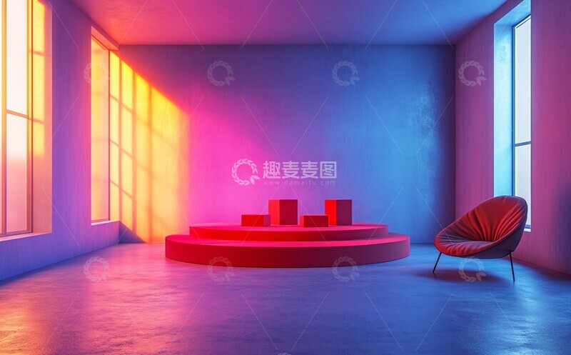 高清大图下载【趣麦麦图】蓝色墙壁红色展台1