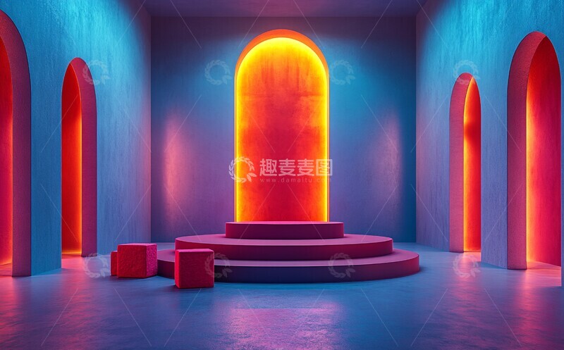 高清大图下载【趣麦麦图】蓝色墙壁红色展台2