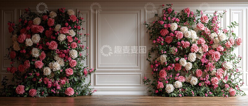 高清大图下载【趣麦麦图】奶油色墙板玫瑰背景1