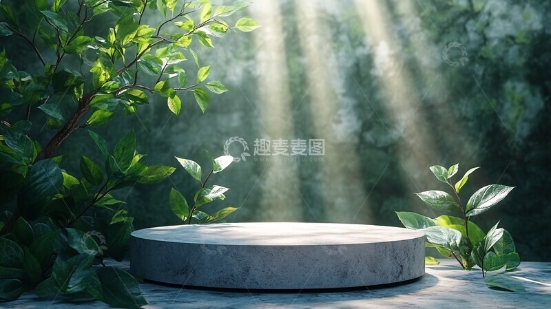 高清大图下载【趣麦麦图】白色石台绿色树叶1