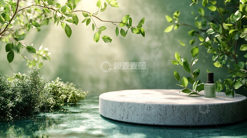 高清大图下载【趣麦麦图】白色石台绿色树叶