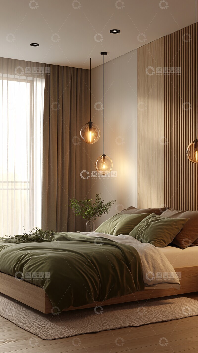 高清大图下载【趣麦麦图】木地板白墙绿床单