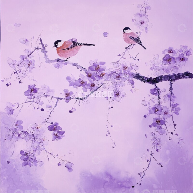 高清大图下载【趣麦麦图】紫色花鸟画紫色现代中式1