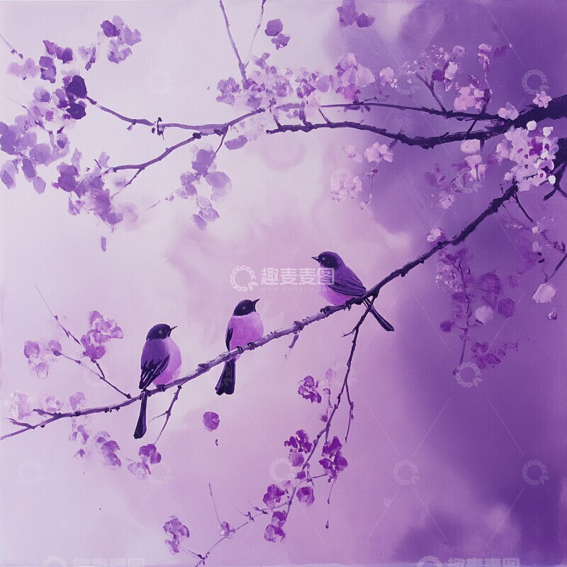 高清大图下载【趣麦麦图】紫色花鸟画紫色现代中式