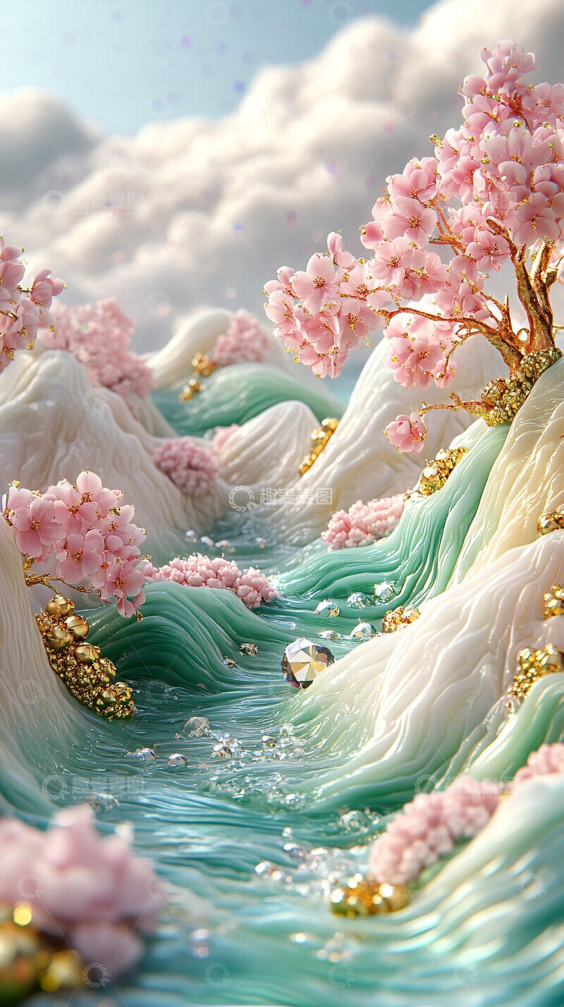 高清大图下载【趣麦麦图】粉色碧波金色山川2
