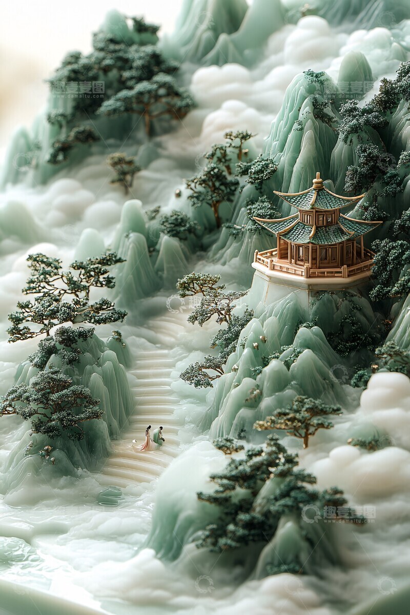 高清大图下载【趣麦麦图】玉色山水祥云图2