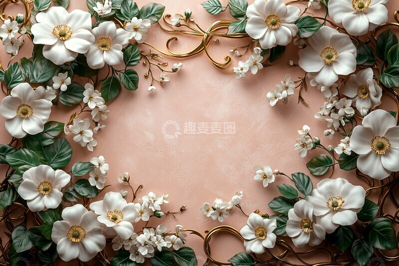 高清大图下载【趣麦麦图】粉红花簇金色藤蔓