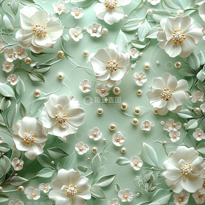 高清大图下载【趣麦麦图】白色花朵绿叶珍珠3