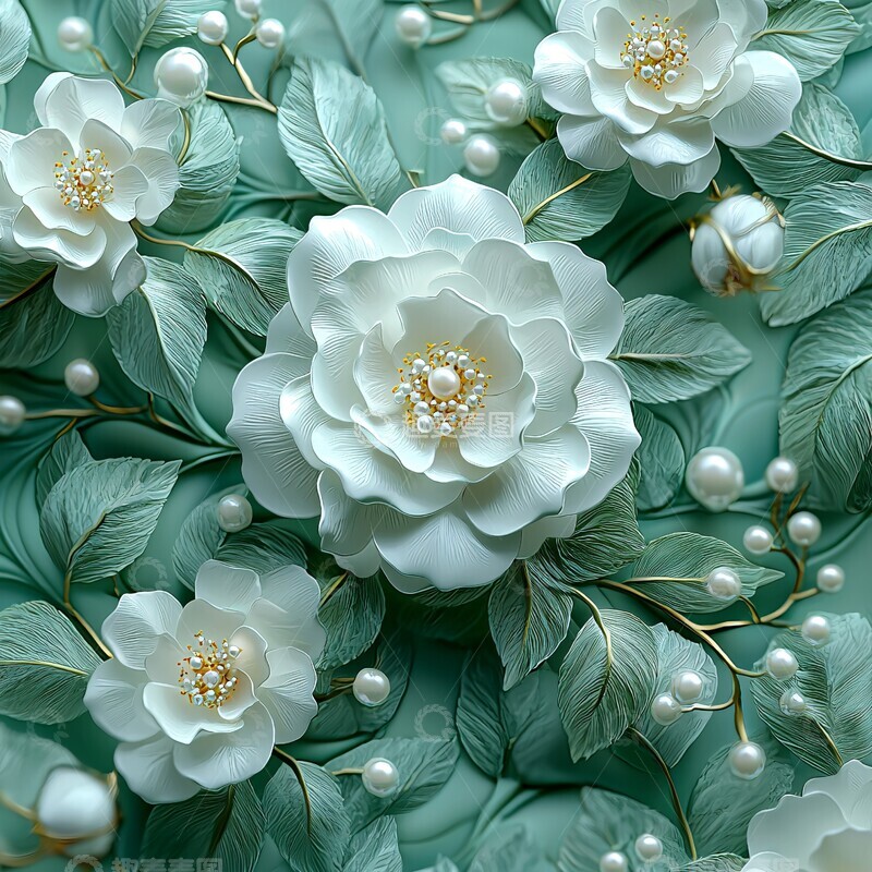 高清大图下载【趣麦麦图】白色花朵绿叶珍珠2