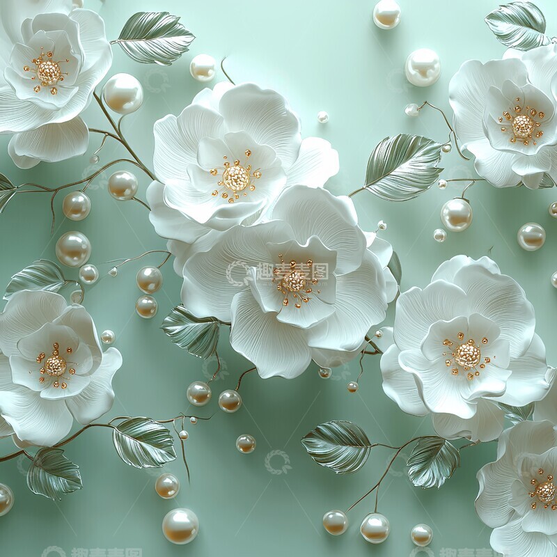 高清大图下载【趣麦麦图】白色花朵绿叶珍珠1