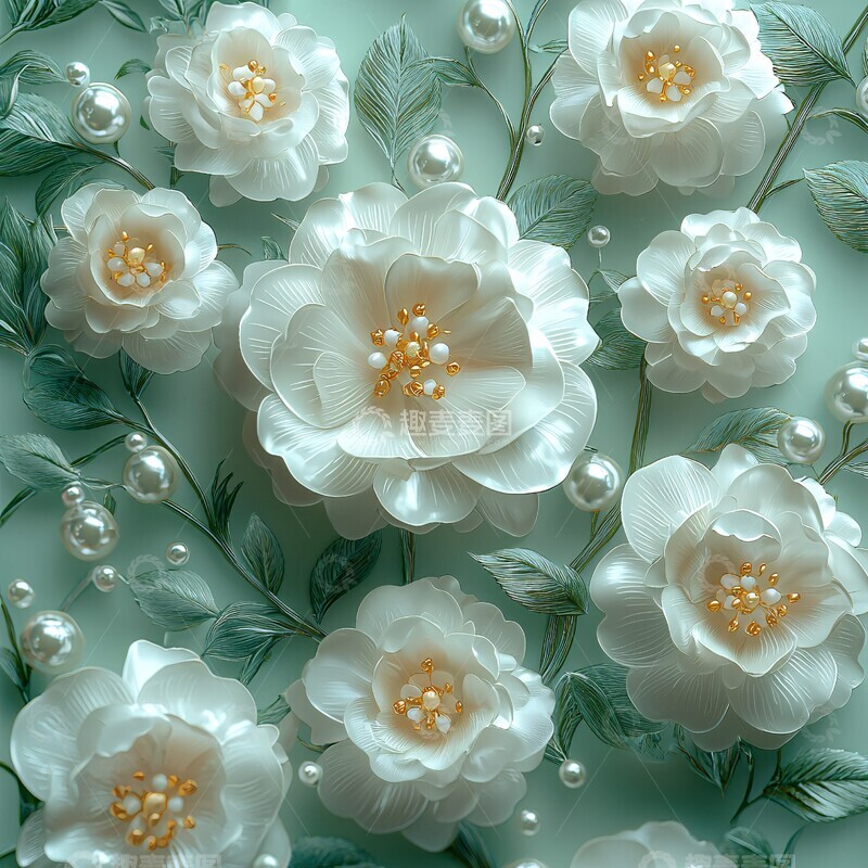 高清大图下载【趣麦麦图】白色花朵绿叶珍珠