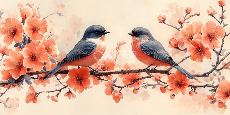 高清大图下载【趣麦麦图】牡丹花枝与鸟1