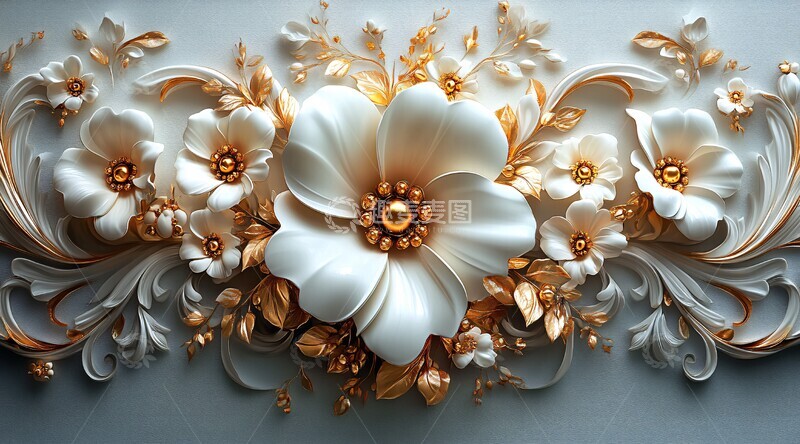 高清大图下载【趣麦麦图】白金花卉三维画