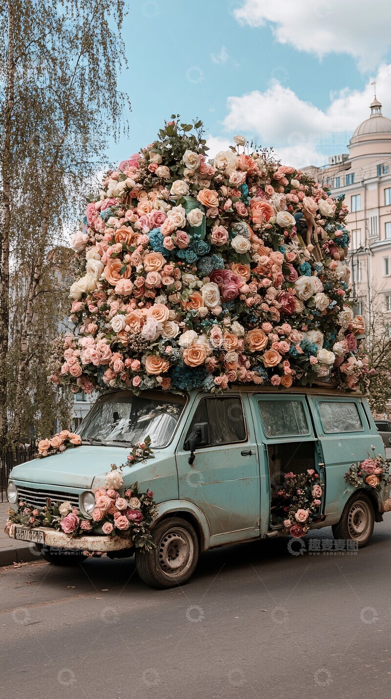 玫瑰装饰的货车