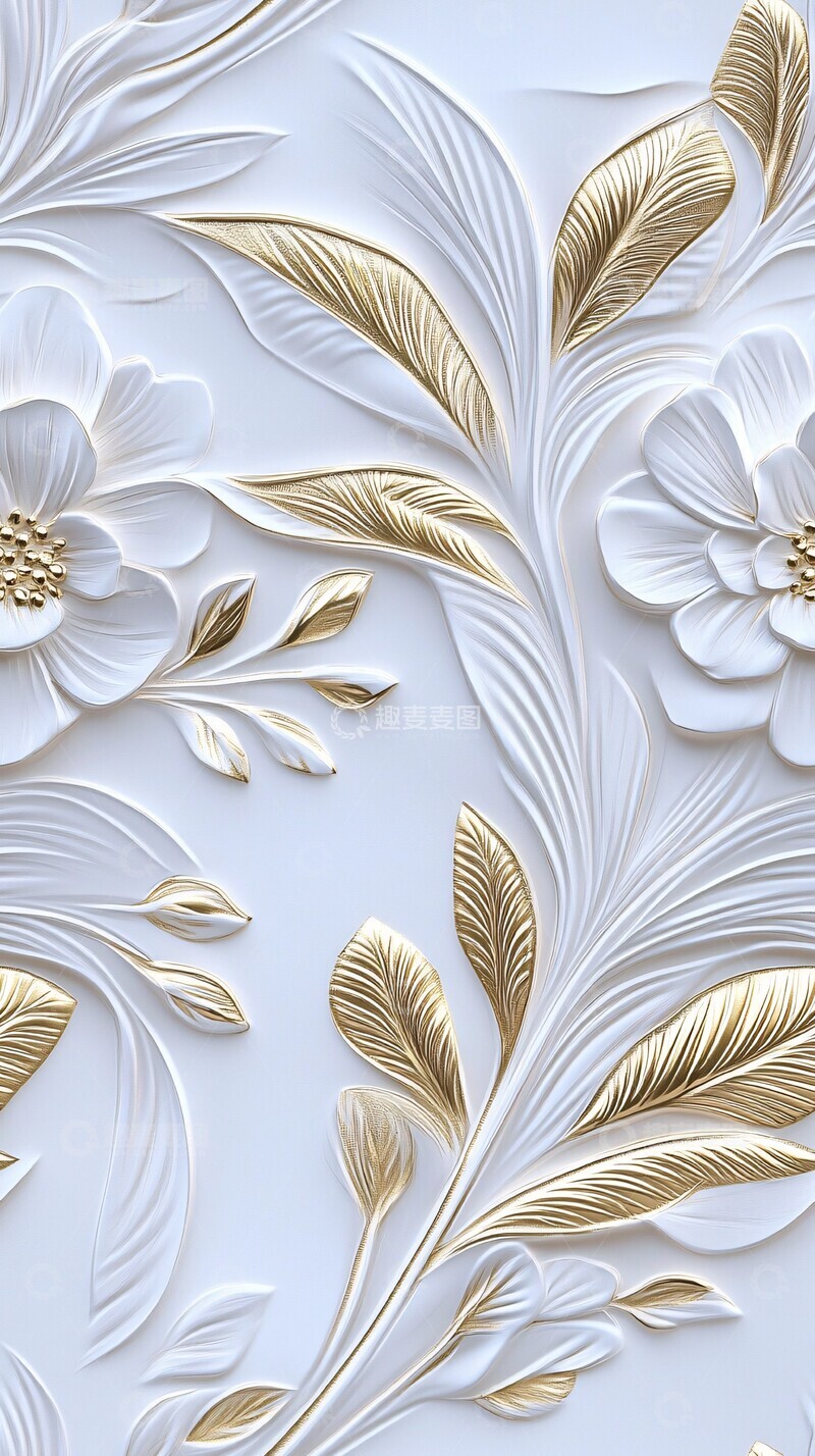 高清大图下载【趣麦麦图】白色金色花叶墙纸1
