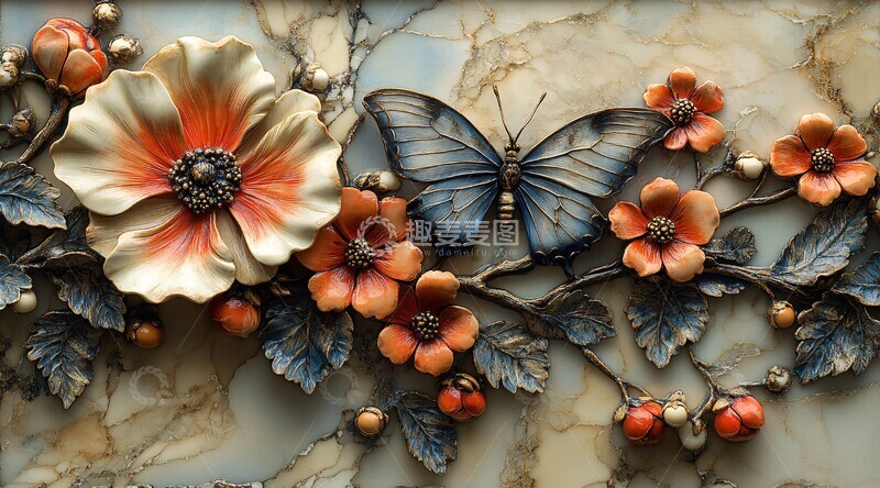 高清大图下载【趣麦麦图】陶瓷花蝶墙饰1