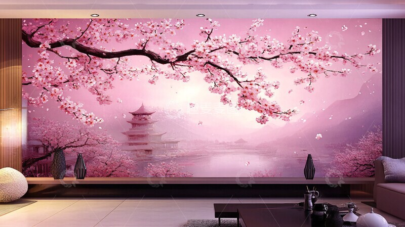 高清大图下载【趣麦麦图】桃花枝客厅壁纸3