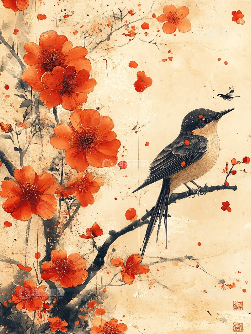高清大图下载【趣麦麦图】鸟语花香图现代中式对称