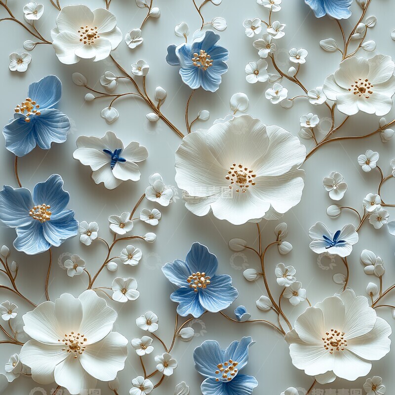 高清大图下载【趣麦麦图】白蓝花蝶龙纹墙纸1