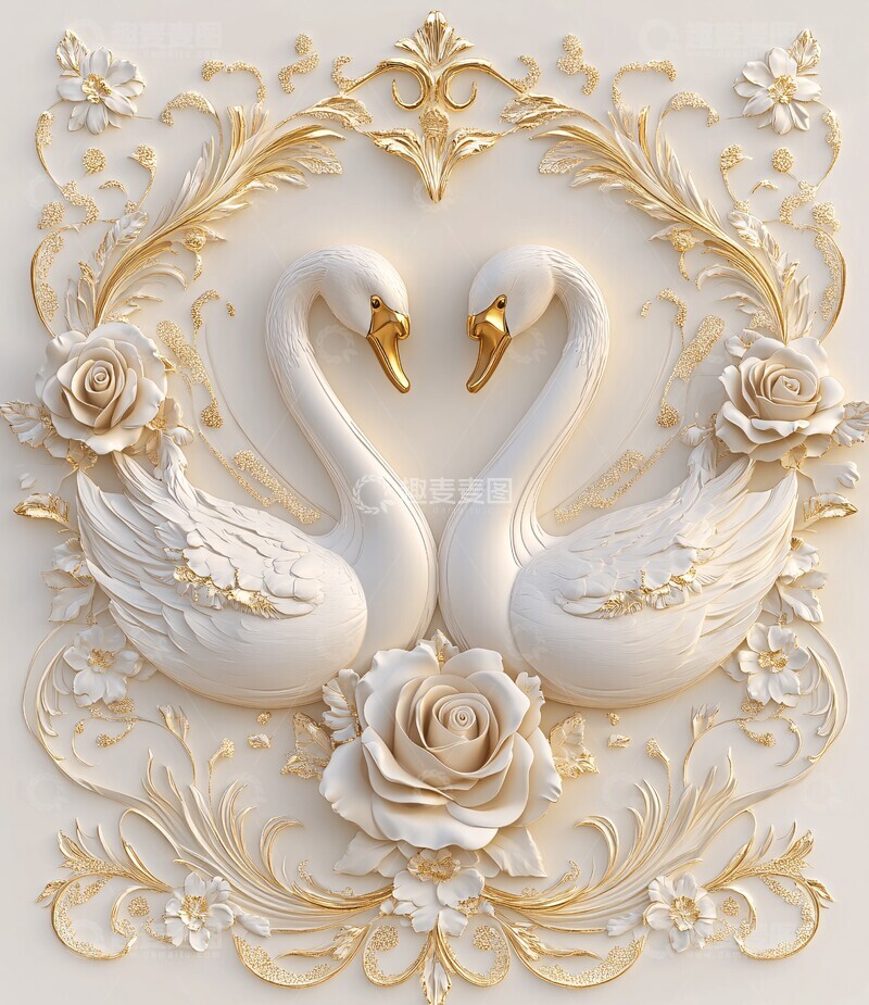 高清大图下载【趣麦麦图】天鹅黄金玫瑰壁画2