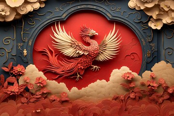 金凤凰红纸窗花背景