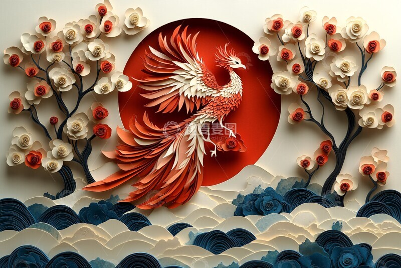 高清大图下载【趣麦麦图】金凤凰红纸窗花背景1