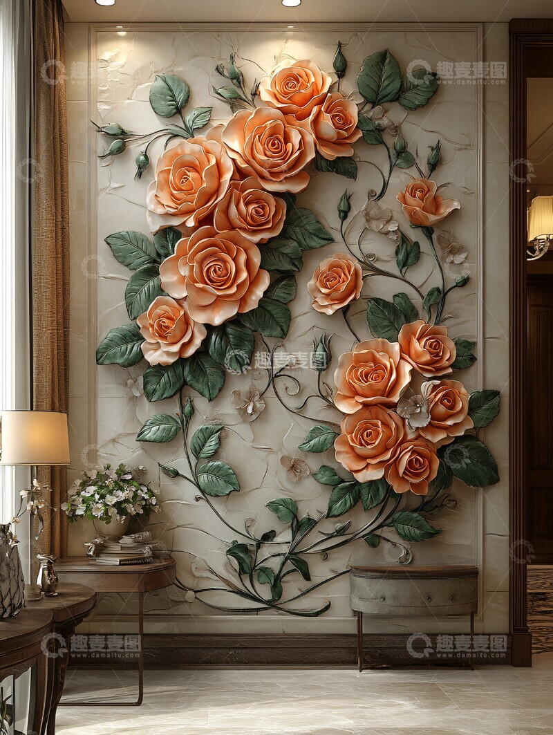 高清大图下载【趣麦麦图】奶白墙面立体玫瑰