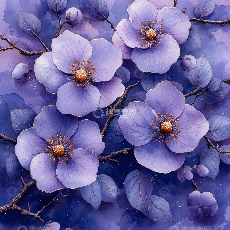 高清大图下载【趣麦麦图】紫白花卉金线叶纹2