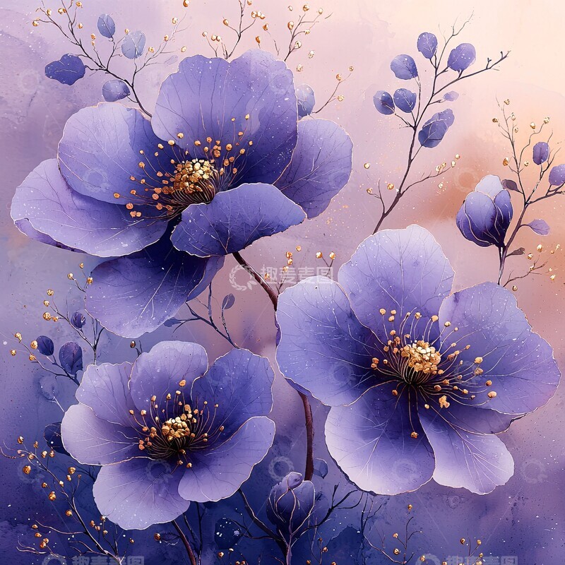 高清大图下载【趣麦麦图】紫白花卉金线叶纹