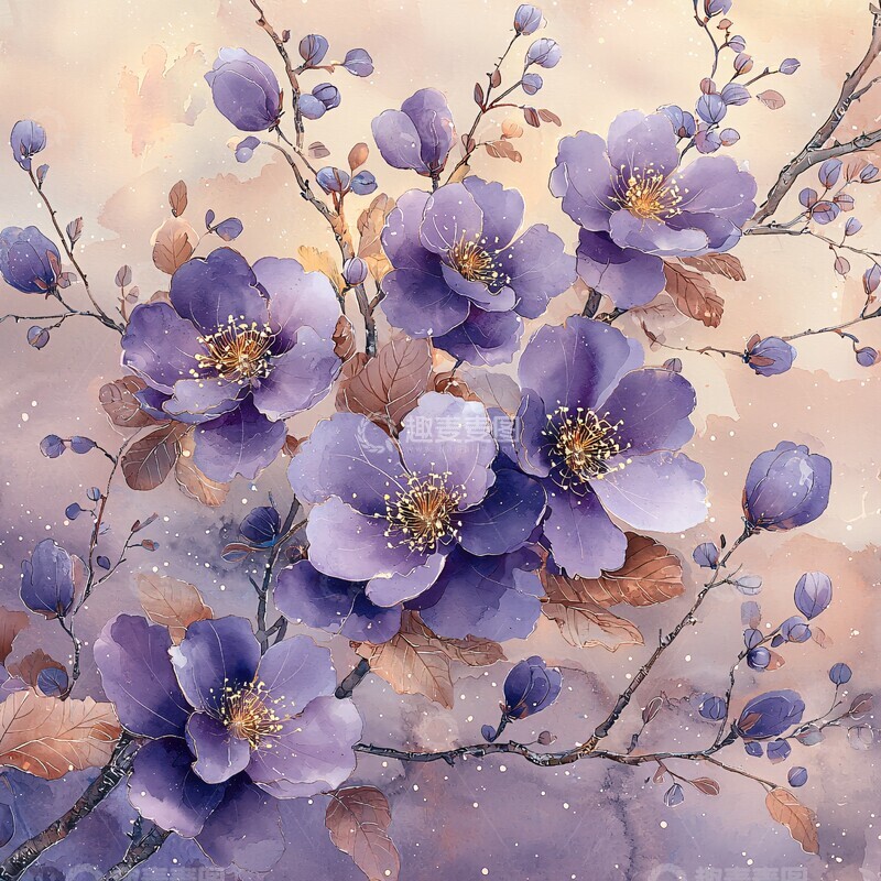高清大图下载【趣麦麦图】紫白花卉金线叶纹1