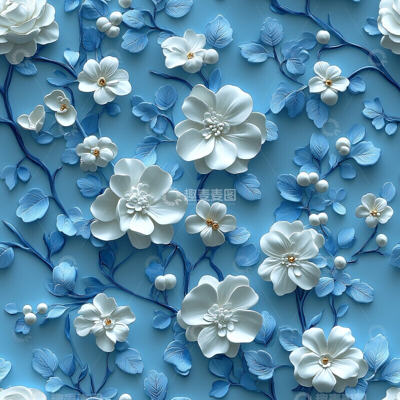 高清大图下载【趣麦麦图】蓝白花卉图样