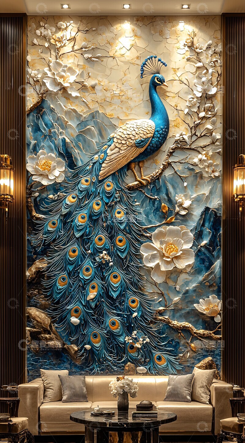 高清大图下载【趣麦麦图】孔雀浮雕与美女拍照1