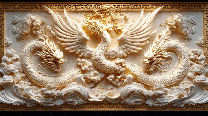 高清大图下载【趣麦麦图】龙凤金纹浮雕图1
