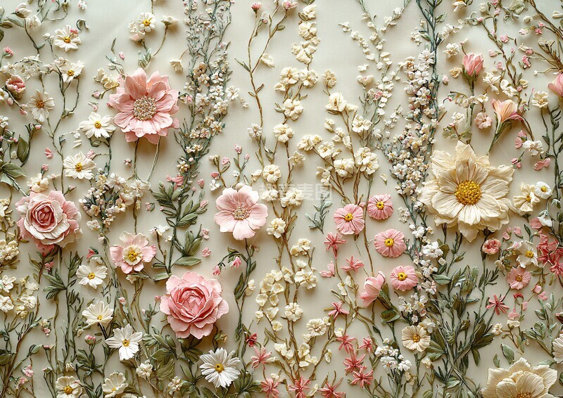 高清大图下载【趣麦麦图】粉色花卉刺绣面料