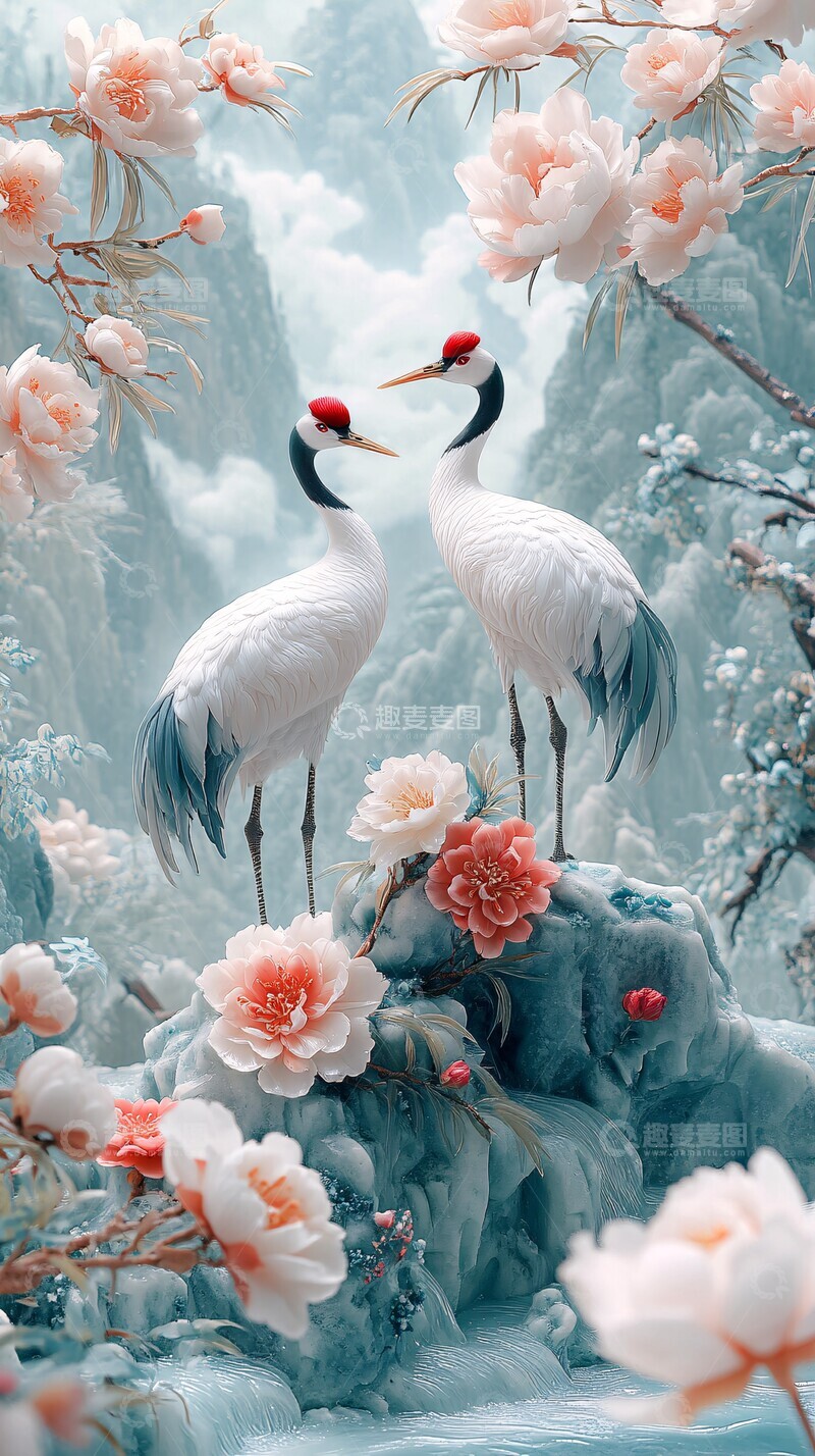 高清大图下载【趣麦麦图】竹林瑞鹤图竹林瑞鹤岩石