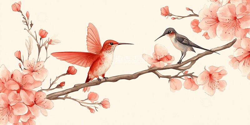 高清大图下载【趣麦麦图】粉红蜂鸟花卉图案1