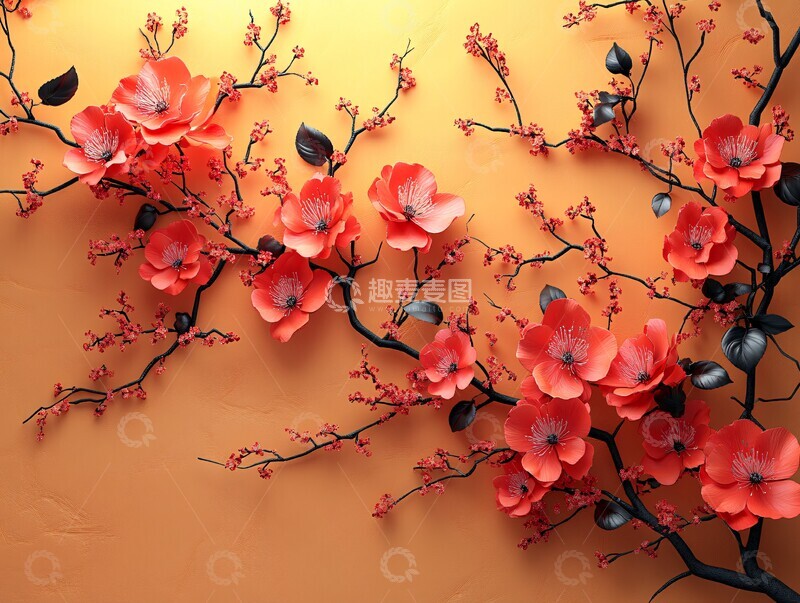 高清大图下载【趣麦麦图】桃花红叶黑背景2